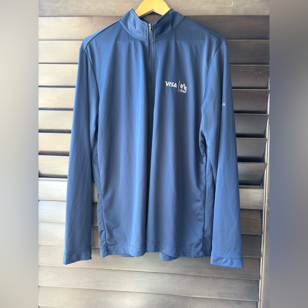 Adidas Women's Large Navy Long Sleeve Quarter Zip Pull Over USAA Employee Logo